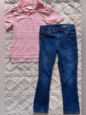 Boys Outfit Bundle - Striped Button Up Dress Shirt & Skinny Jeans, Size 5/6